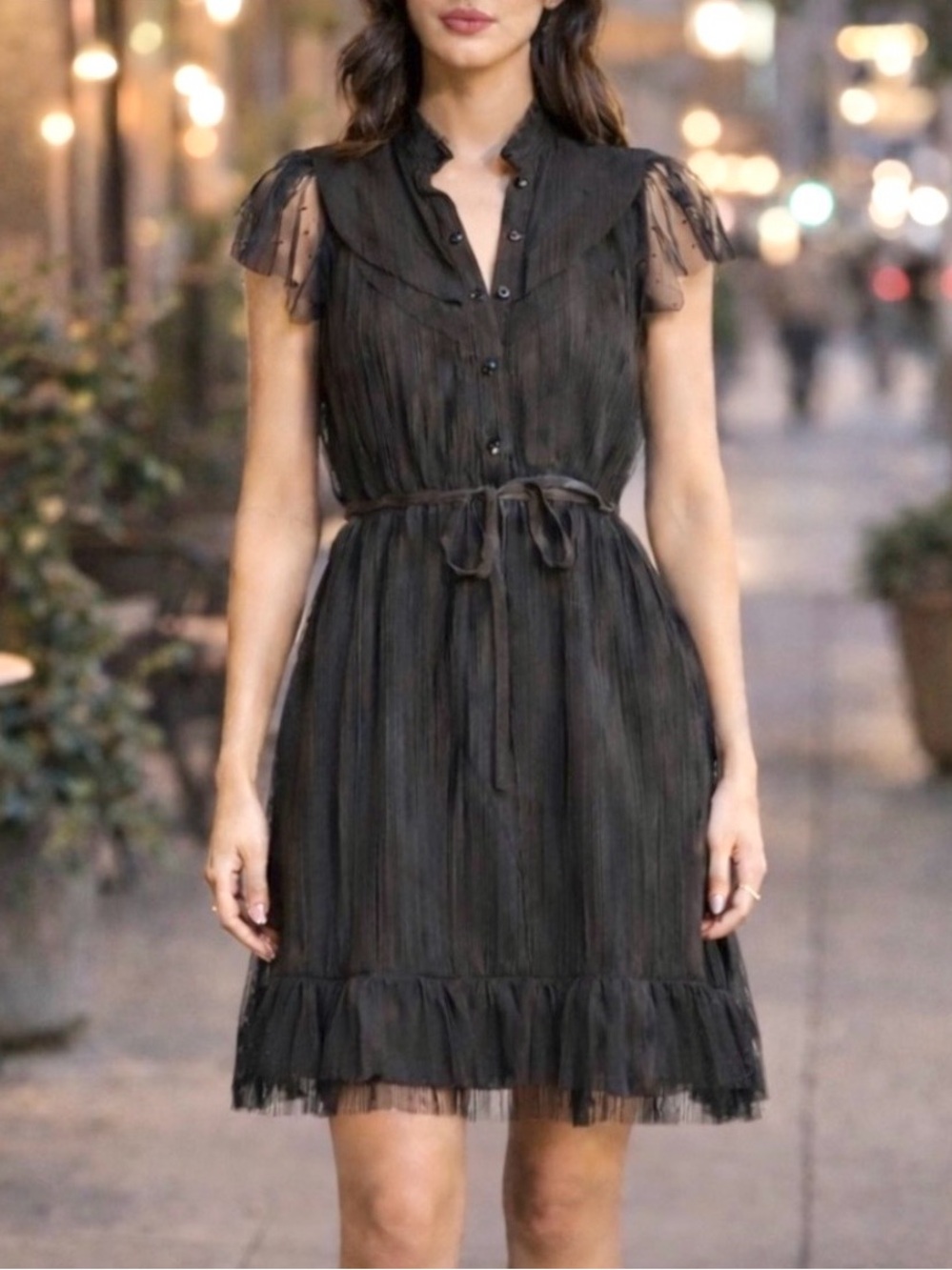 Anna Sui collab black sheer flare polka dot short sleeve button-down dress Sz M